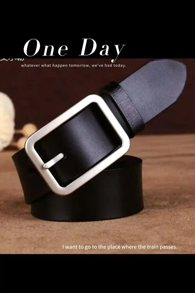 简约针扣皮带女款真皮百搭牛皮女士腰带宽休闲装饰牛仔裤腰带黑 - 抖