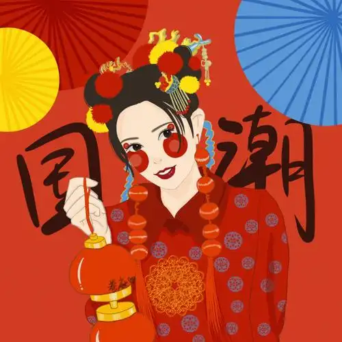 插画头像国潮风手绘头像拿灯笼的女孩