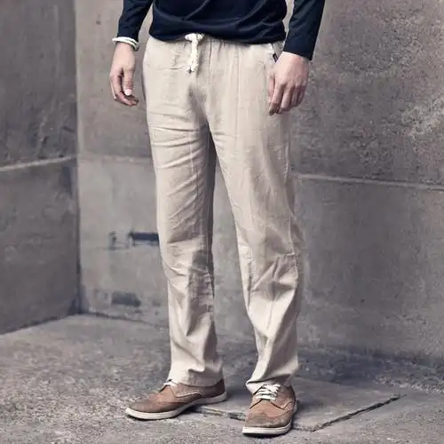 新款春夏男装亚麻裤 休闲长裤男士棉麻裤子男纯色韩版潮宽松麻裤
