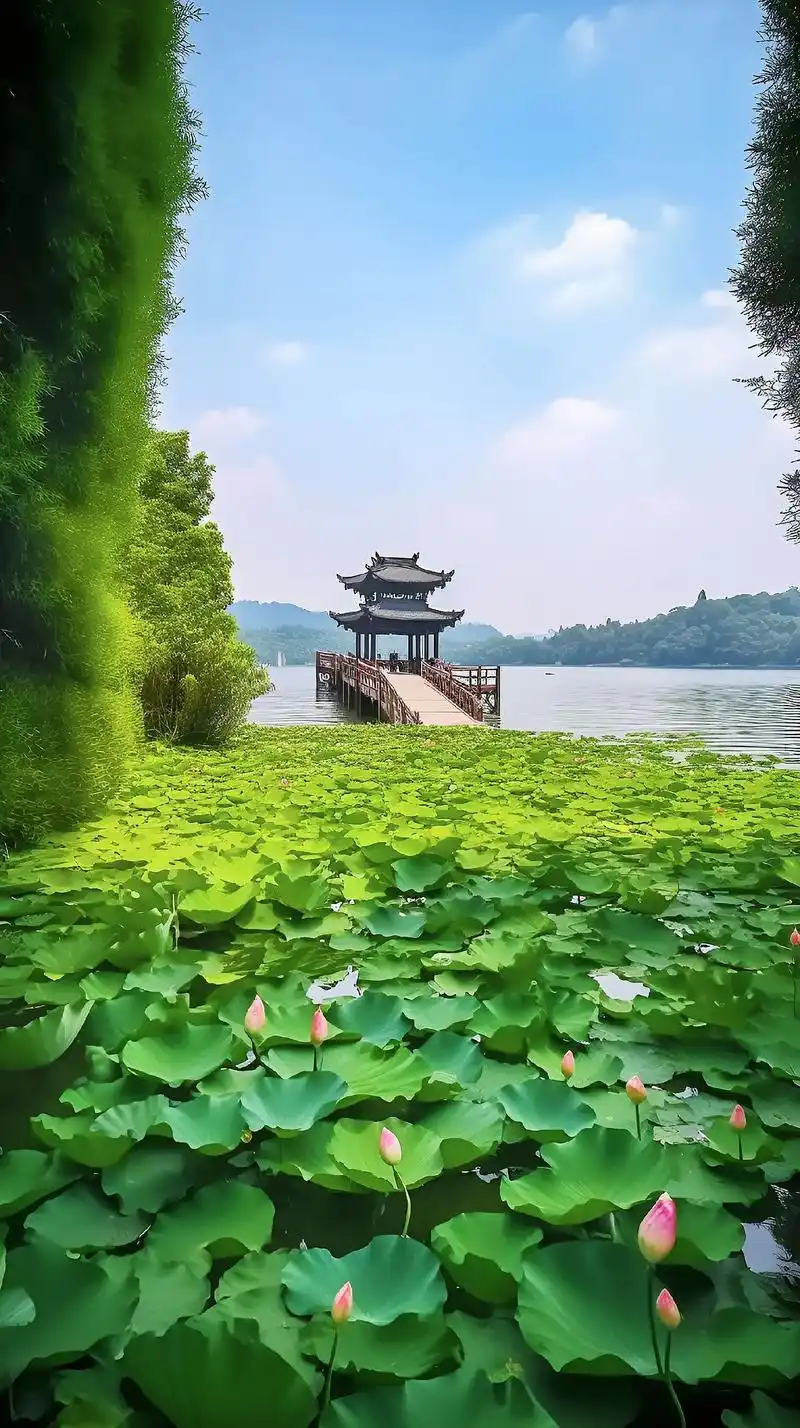 西湖美景.到了杭州西湖,观赏荷花是必不可少的.在炎热的阳光下 - 抖音