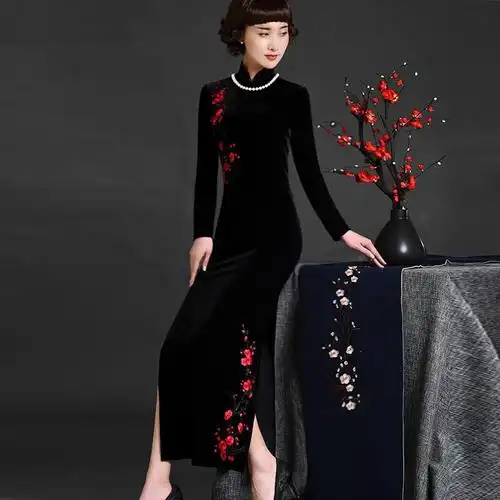 改良旗袍丝绒秋冬2017新款女修身加厚长款长袖金丝绒旗袍