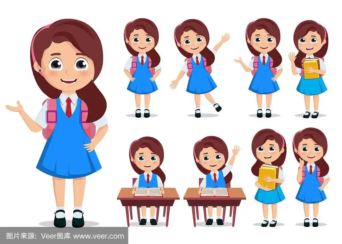 学生女孩向量字符集.穿着校服和背包的学生卡通人物