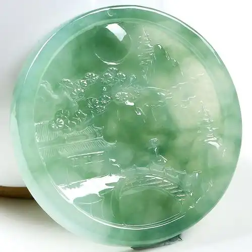 天然翡翠a货 老坑冰种风景山水圆牌吊坠 34.50g