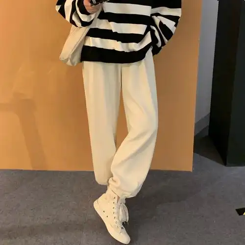 hvivi白色奶油束脚裤女宽松松显萝卜运动休闲舒适休闲裤