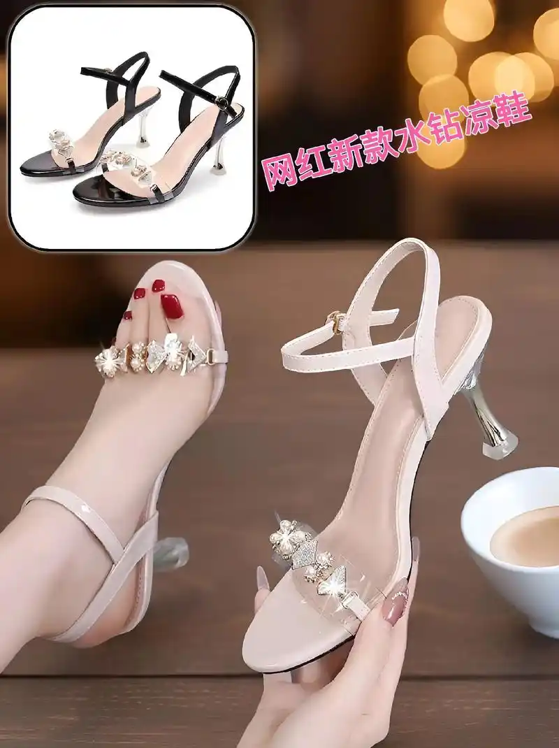新款时尚法式水钻高跟凉鞋