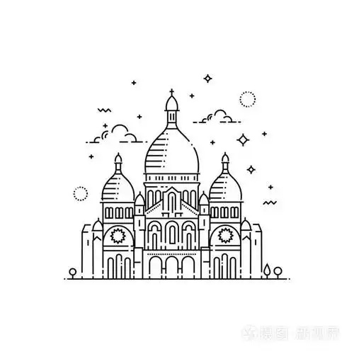 简约的线条艺术地标图标的圣心大教堂在巴黎,法国插画-正版商用图片00