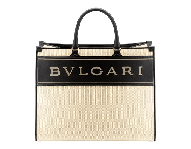 "bvlgari logo"系列天然米色帆布小号托特包,搭配黑色罗缎内衬.