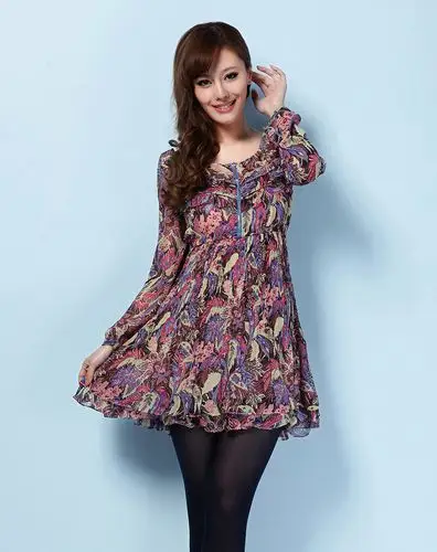 宝兰色红袖女装正品拉链皱褶印花雪纺连衣裙