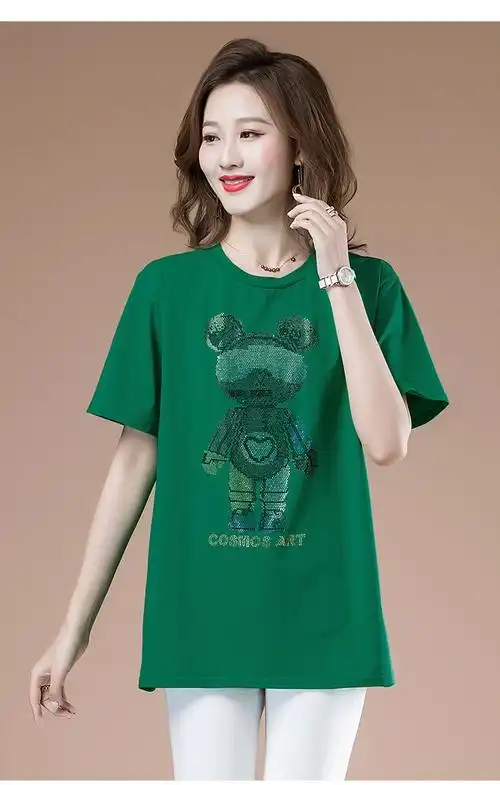 中年妇女夏天中款上衣四十岁夏装大码棉短袖t恤衫宽松遮肚 白色订珠