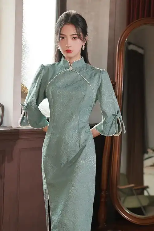 秋款旗袍长款绿色年轻款民国风复古倒大袖性感前开叉秋季高端气质