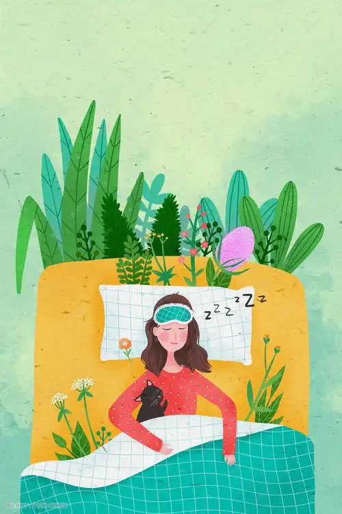 春困女孩抱着猫咪睡觉插画图片-千库网