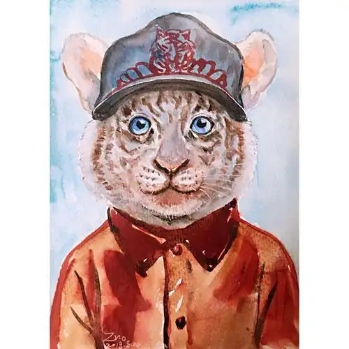 手绘拟人动物半身像水獭棕熊鳄鱼和虎