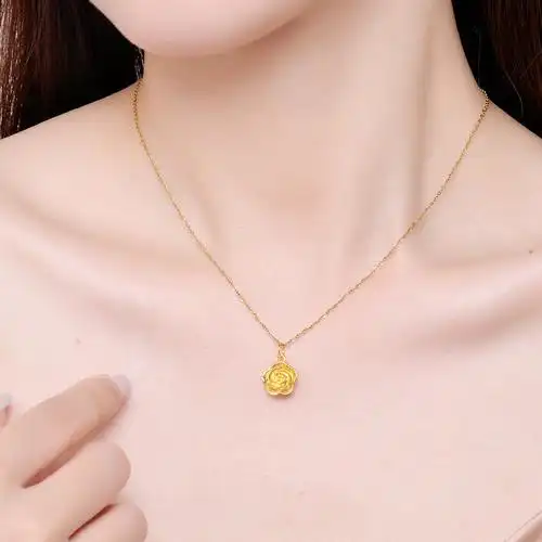 黄金吊坠女款足金玫瑰花挂坠999纯金花朵项坠锁骨链时尚女神礼物