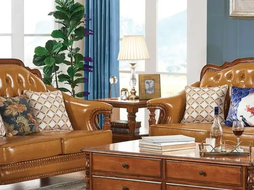 澳菲娅 简美风格 仿真油腊皮 北美鹅掌楸木框架 纯铜装饰钉双人位沙发