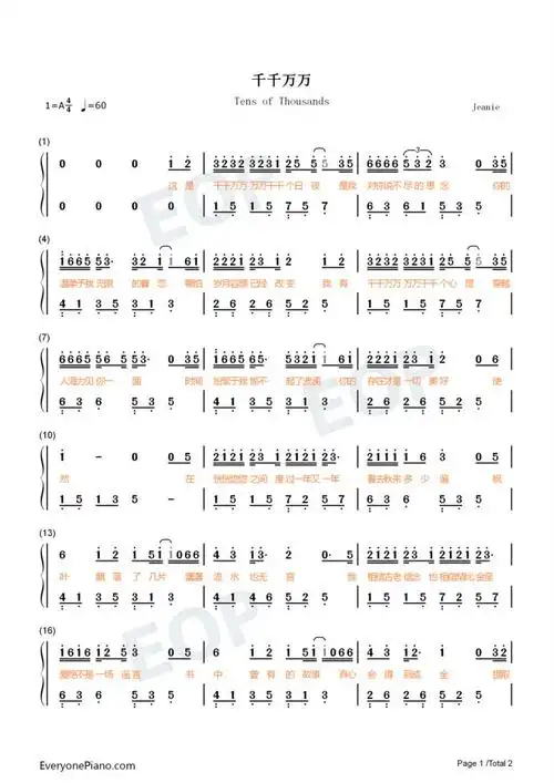 千千万万钢琴数字简谱这是千千万万万万千千个日夜是我对你说不尽的