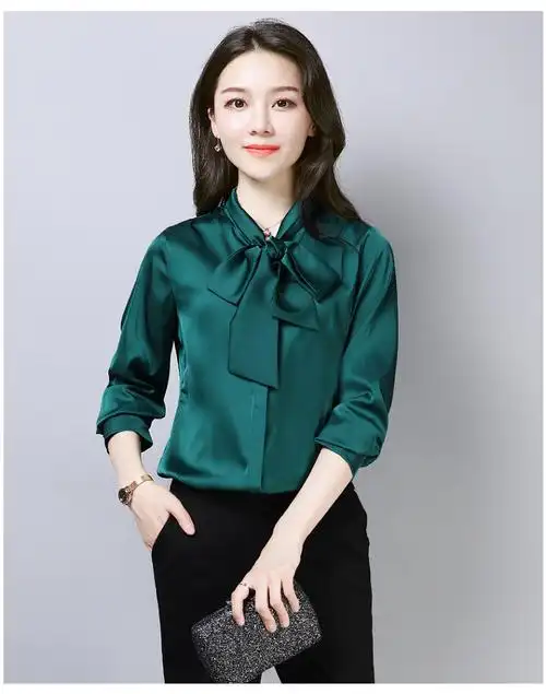 衬衫女长袖2019春装新款真丝缎面蝴蝶结上衣职业装衬衣显瘦打底衫t