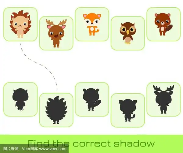 剪贴卡游戏模板找到正确的影子.儿童配对游戏.