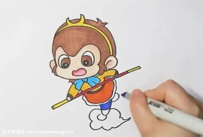 2,接着往下画出美猴王孙悟空的上半身衣服与动作,双手一前一后拿着