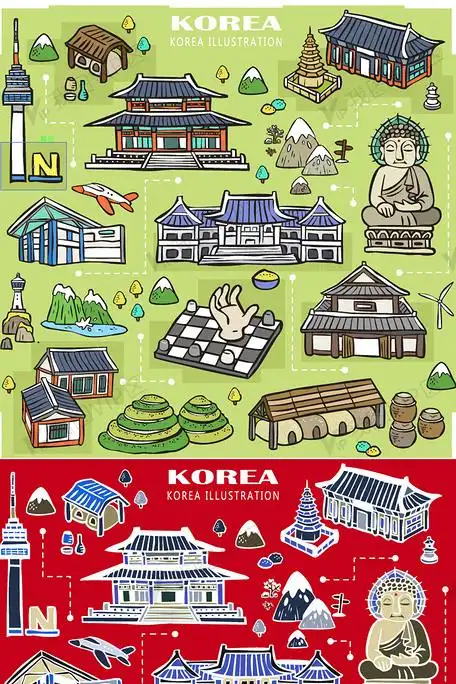 设计元素 其他 装饰图案 韩国旅游时尚手绘地图韩国景点元素矢量