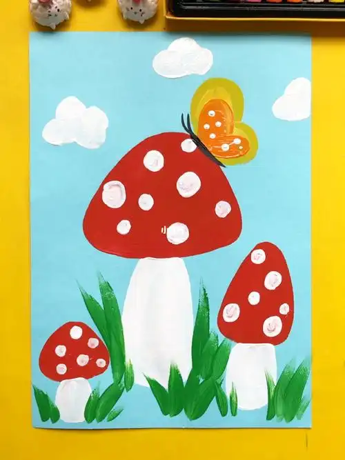小蘑菇主题儿童水粉画3岁宝宝也能画哦