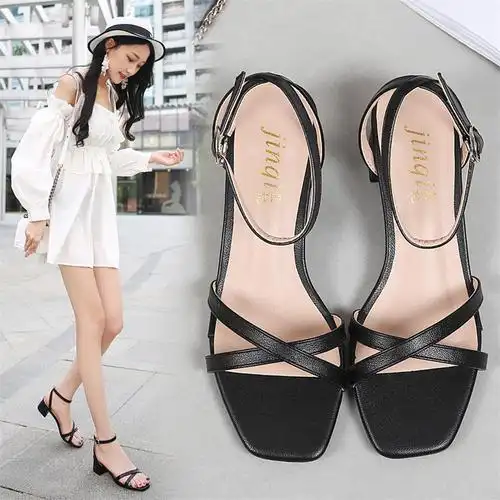 粗跟凉鞋女仙女风2019新款时尚夏季百搭露趾一字带网红高跟鞋子女