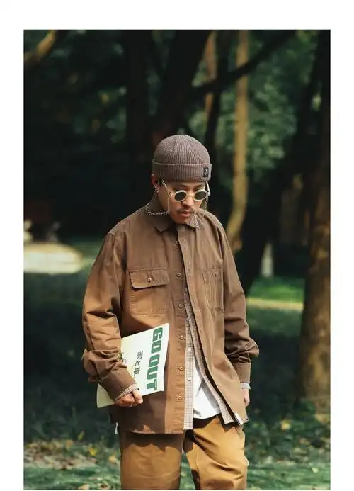 ollieo日系复古日杂港风叠穿搭卡其橘色工装衬衫男长袖潮牌衣外套