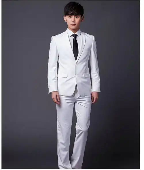 批发秋冬新款男士白色韩版修身西服套装 新郎结婚西装