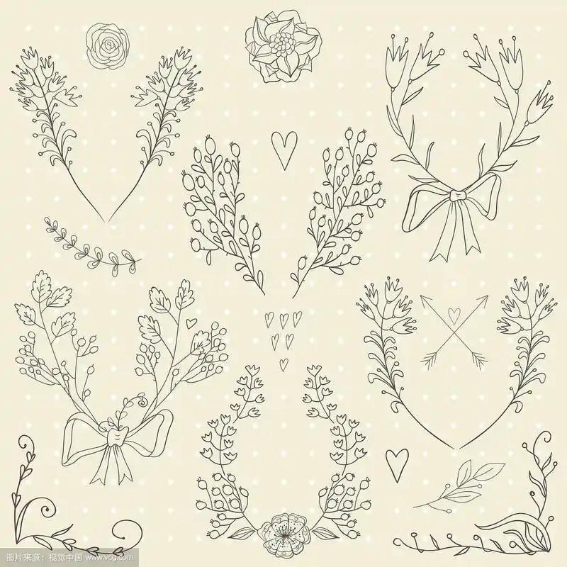 一套手绘对称花图案