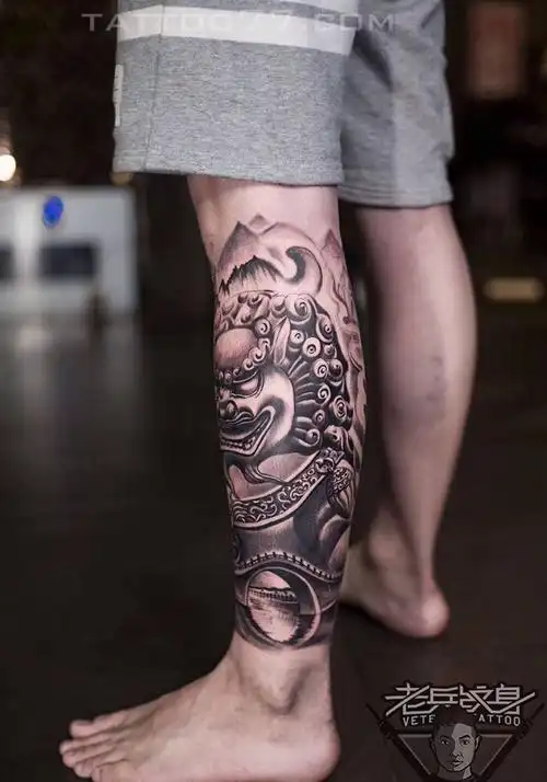 小花腿石狮子纹身作品纹身图片_成品腿部传统纹身图案(2)_湖北省武汉