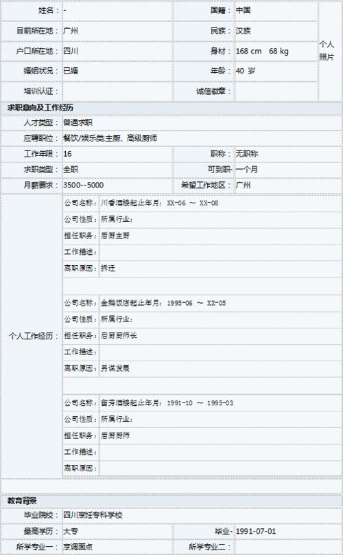 后厨厨师人简历表格参考-个人简历表格-深圳人才网0755rc