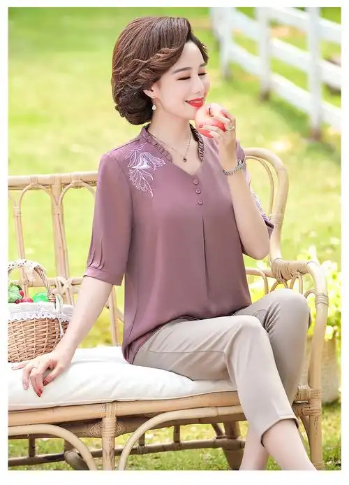 卡伊芙妈妈装夏装套装短袖上衣中年女装夏季t恤中老年夏天衣服休闲两