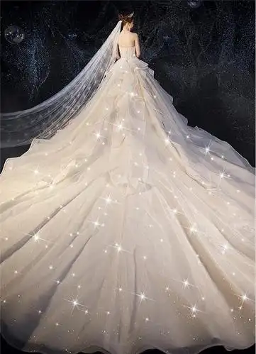 波瑞蒂亚法式抹胸轻主婚纱新娘豪华奢侈拖尾星空礼服森系超仙梦幻