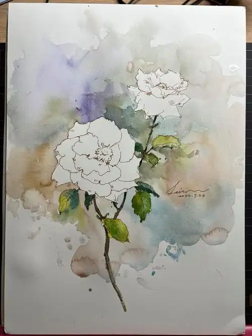 钢笔淡彩花卉,蓝色格劳恩