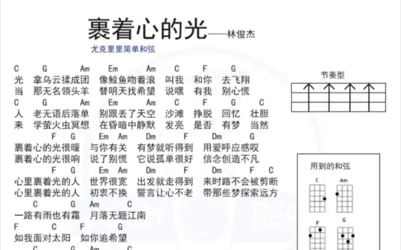 尤克里里简单弹唱谱子 林俊杰《裹着心的光》