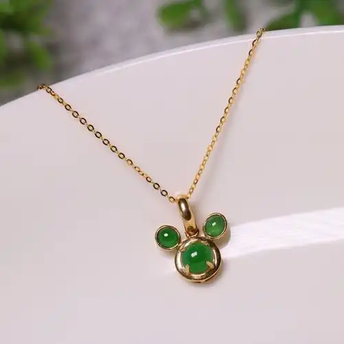 18k金镶嵌镶嵌老坑冰种满绿天然翡翠猫咪吊坠颈饰