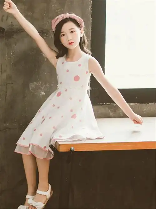 女童连衣裙夏装2023新款中大童背心裙子小女孩洋气无袖波点公主裙