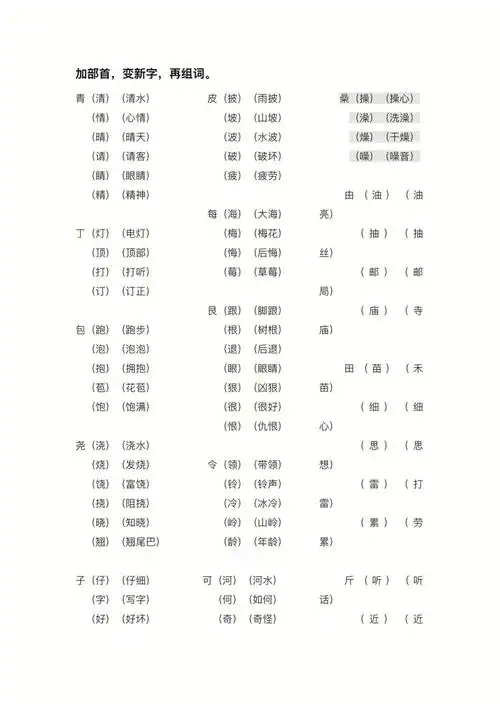 一年级下册语文加部首变新字再组词