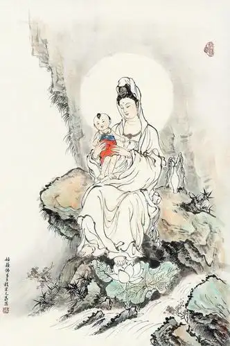 0349送子观音镜心设色纸本