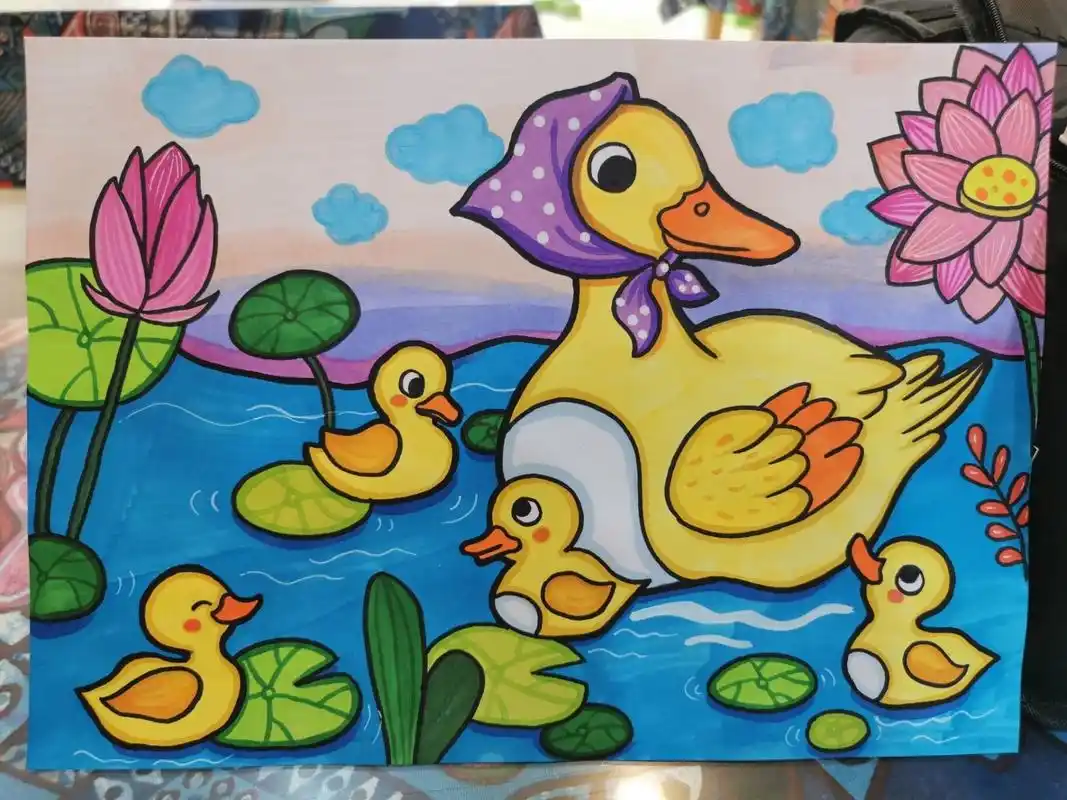 动物母亲节主题,鸭妈妈溜娃 马克笔儿童画,原创,临摹请标明出处.