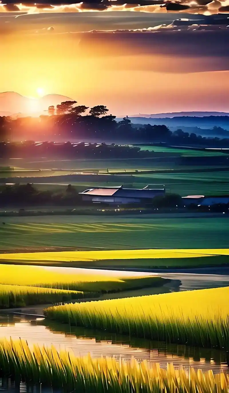 夕阳下山上的稻田,光线充足的场景风格,上帝的光芒,逼真的蓝天 - 抖音