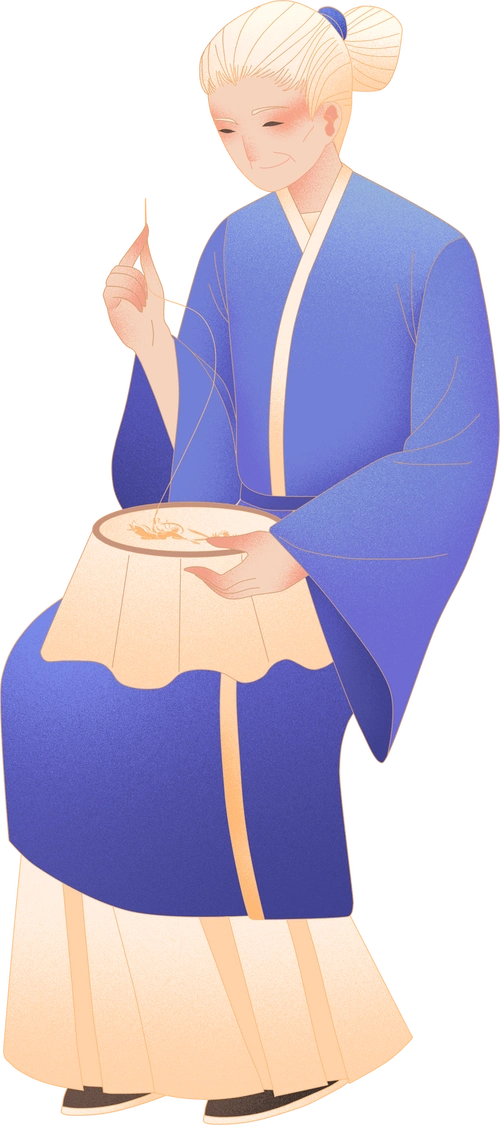 蓝色古风角色中国风彩色老奶奶手绘插画平面绣花噪点图片