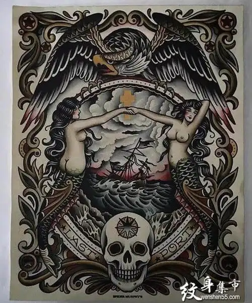 可以纹大满背的帆船纹身手稿图案