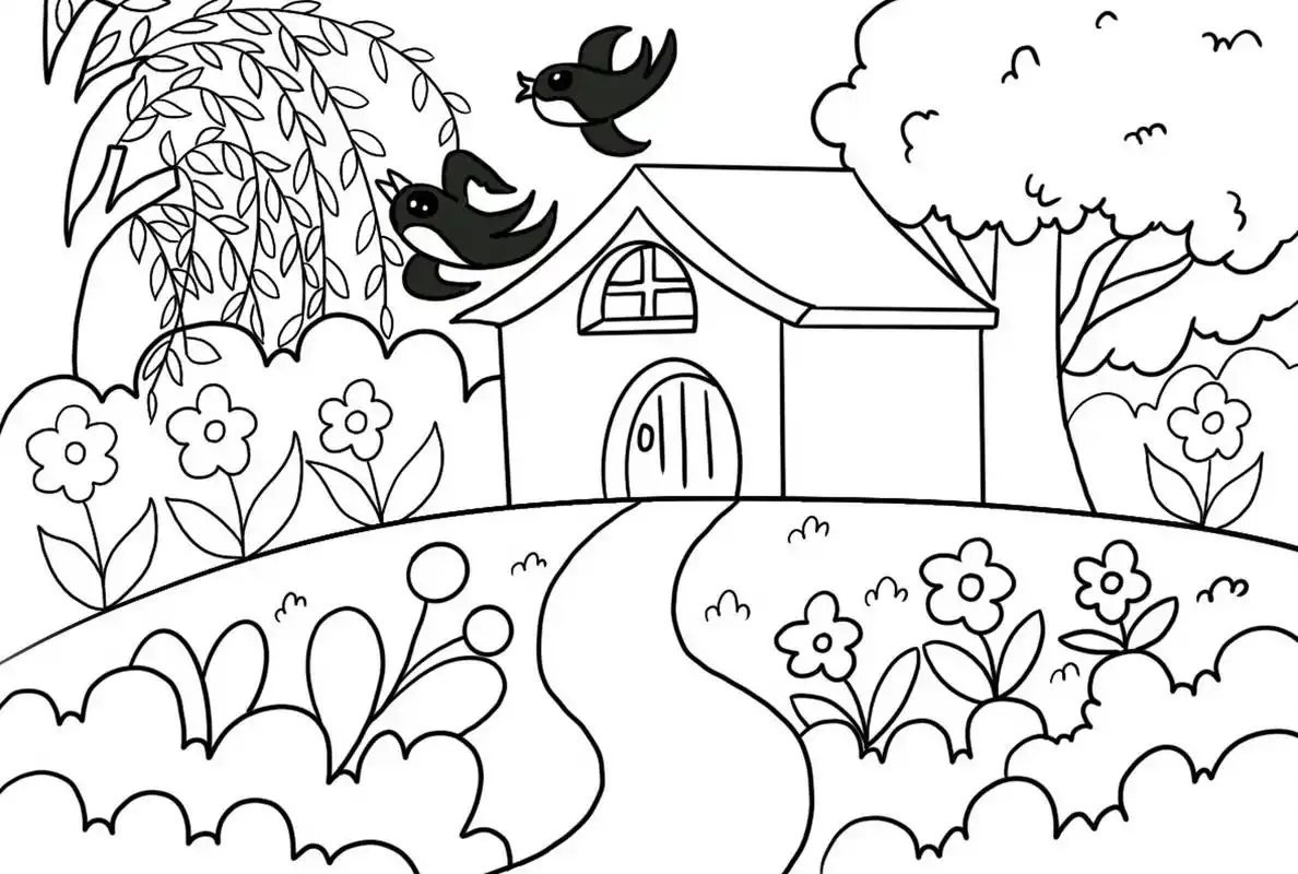 春天来了儿童画 房子卡通画主题花 春天来了儿童穿创意画