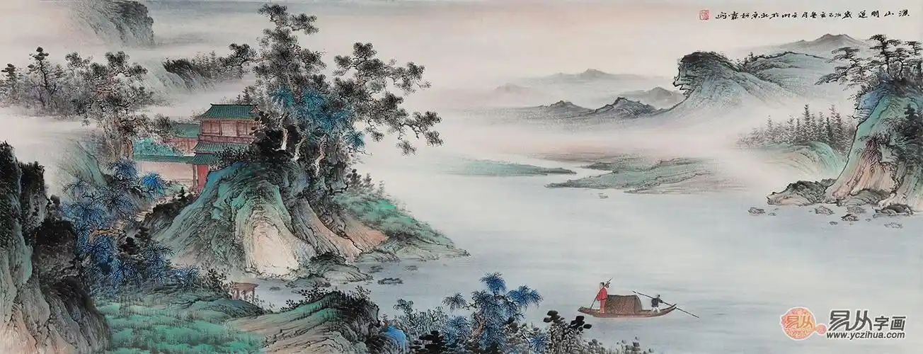 李佩锦精心力作六尺横幅仿古山水画《溪山问道》