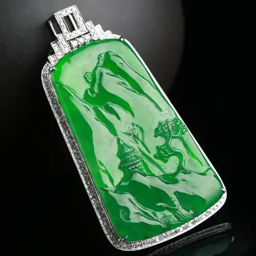 18k金伴钻镶嵌老坑满绿冰种山水牌挂件 9.87g