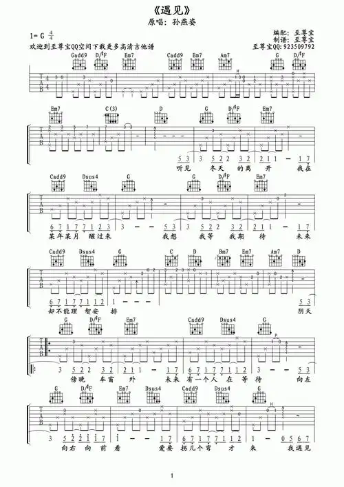 遇见吉他谱 g调 孙燕姿曲谱图片第1张