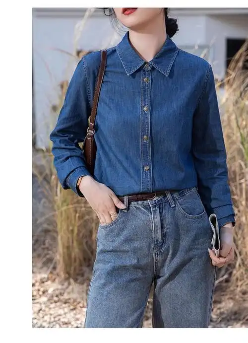 深蓝不卷边牛仔衬衫女春秋季法式复古长袖小个子修身内搭叠穿上衣