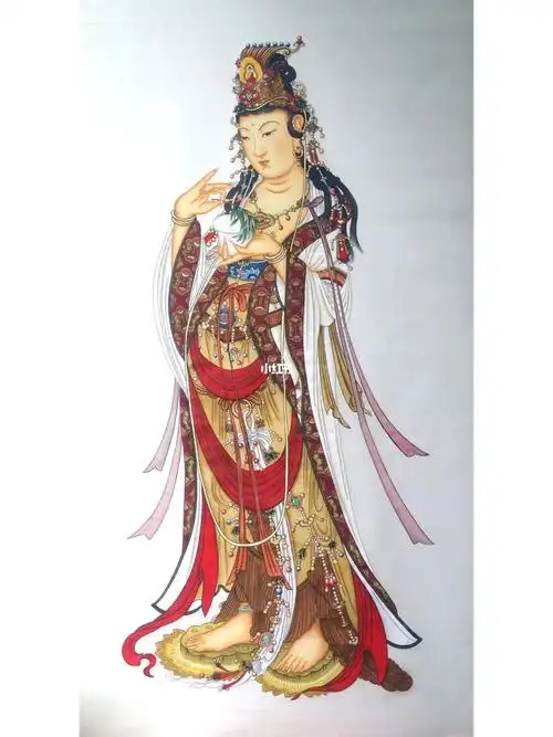 工笔彩绘的杨枝观音像