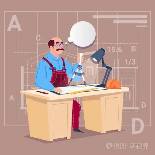 坐在办公桌前工作蓝图建设计划建筑师工程师的卡通生成器