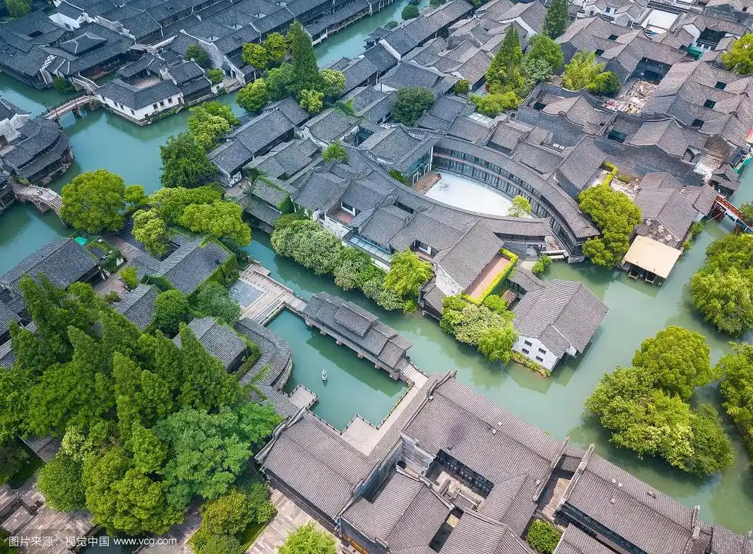 航拍乌镇古镇山水建筑自然风光